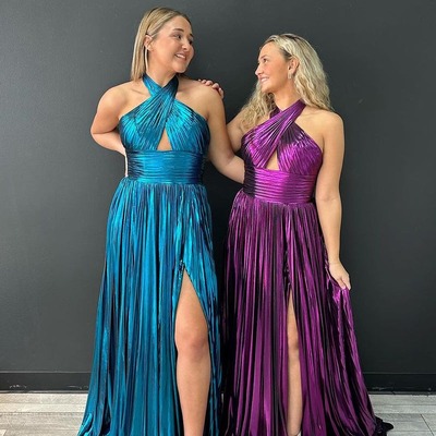 A-line purple halter pleated satin prom dress with slit,pd231189