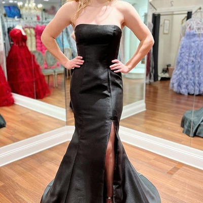 Mermaid black strapless satin prom dress with slit ,pd231190
