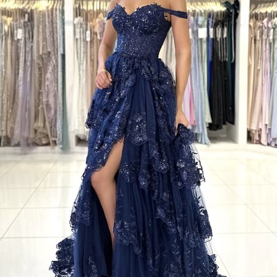 Blue lace sequins layered long prom dresses, off the shoulder evening party dress - Thumbnail 1