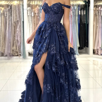 Blue Lace Sequins Layered Long Prom Dresses, Off the Shoulder Evening Party Dress - Thumbnail 1