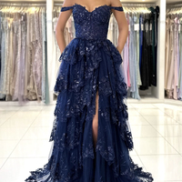 Blue Lace Sequins Layered Long Prom Dresses, Off the Shoulder Evening Party Dress - Thumbnail 2