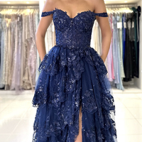 Blue Lace Sequins Layered Long Prom Dresses, Off the Shoulder Evening Party Dress - Thumbnail 3