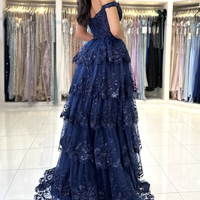 Blue Lace Sequins Layered Long Prom Dresses, Off the Shoulder Evening Party Dress - Thumbnail 4
