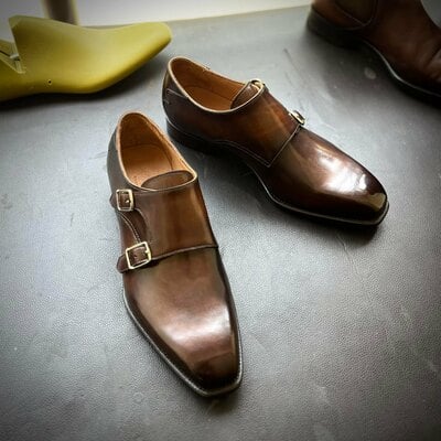 Handmade men's brown leather outstanding formal monk strap dress shoes
