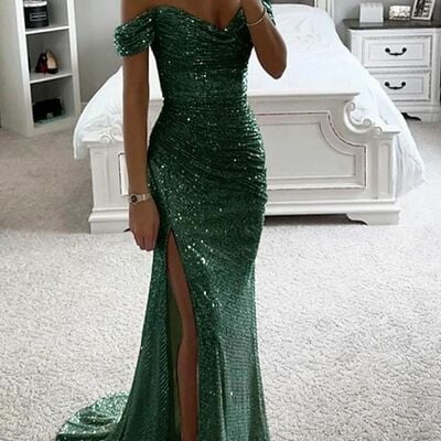 Elegant sheath dark green sequins lace prom dress formal evening dresses