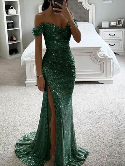 Elegant Sheath Dark Green Sequins Lace Prom Dress Formal Evening Dresses