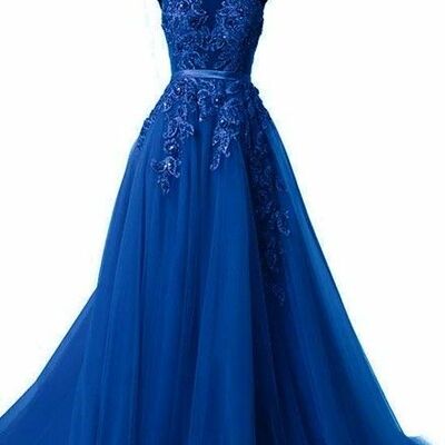 Elegant royal blue ball gown tulle lace appliques prom dress formal evening dresses