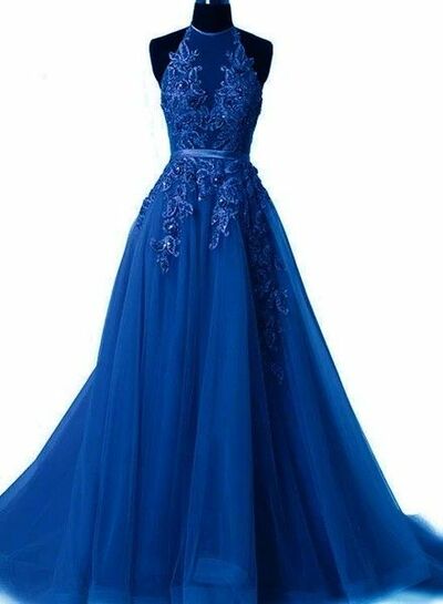 Elegant Royal Blue Ball Gown Tulle Lace Appliques Prom Dress Formal Evening Dresses