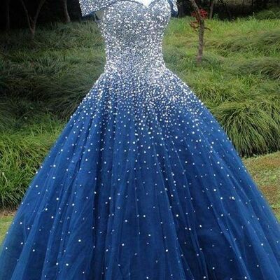 Blue ball gown sequins puffy prom dress formal evening dresses
