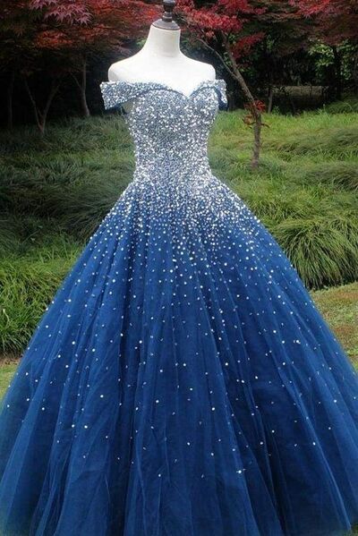 Blue Ball Gown Sequins Puffy Prom Dress Formal Evening Dresses