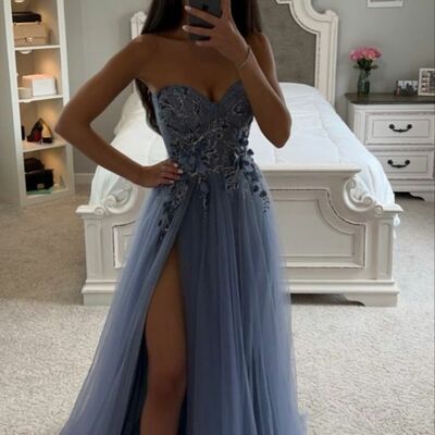 Grey a line lace appliques side slit prom dress formal evening dresses