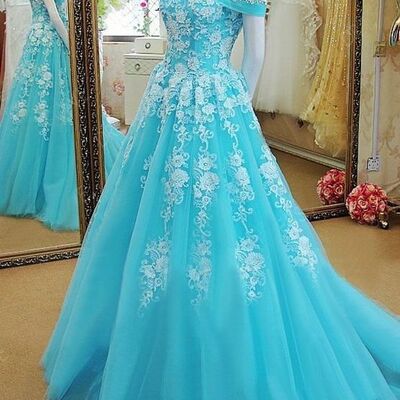 Elegant ball gown lace appliques prom dress formal evening dresses