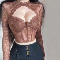 Sexy Flower Lace Hollow Round Neck Long Sleeve Wire Ring Herringbone See-through Top - Thumbnail 2