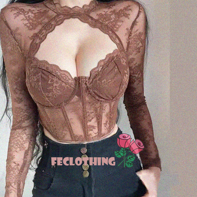 Sexy flower lace hollow round neck long sleeve wire ring herringbone see-through top - Thumbnail 1