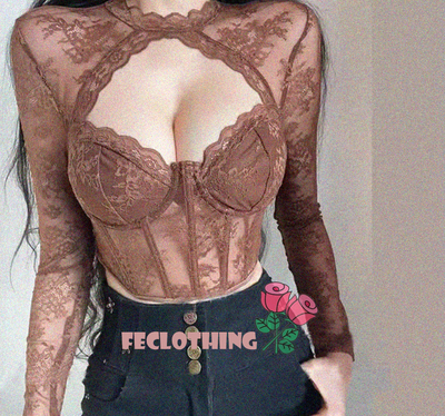 Sexy Flower Lace Hollow Round Neck Long Sleeve Wire Ring Herringbone See-through Top