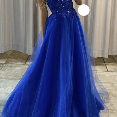 Royal blue a line tulle lace appliques prom dress formal evening dresses