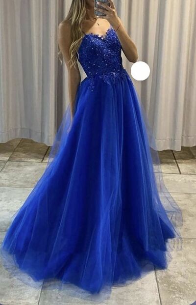 Royal Blue A Line Tulle Lace Appliques Prom Dress Formal Evening Dresses