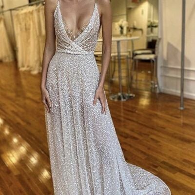 Sexy v-neck sheath wedding dress, sparkle bling bling sequins lace bridal dress