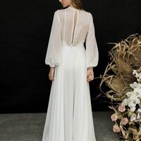 Elegant V-neck Wedding Dress, Long Sleeves Chiffon Bridal Dress - Thumbnail 1
