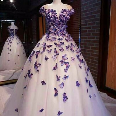 Elegant ball gown handmade butterflies puffy prom dress formal evening dresses