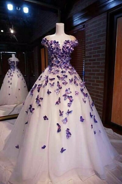 Elegant Ball Gown Handmade Butterflies Puffy Prom Dress Formal Evening Dresses