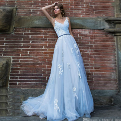 Spaghetti straps light blue lace appliques prom dresses  - Thumbnail 2