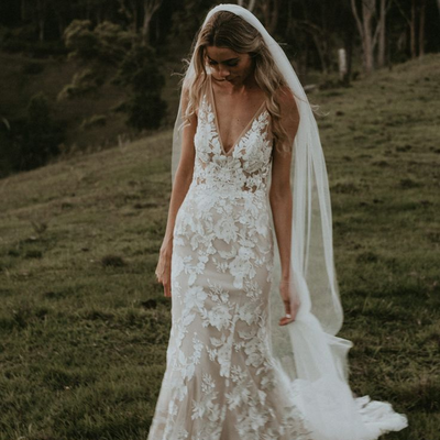 Sheath appliques wedding dress, tulle long bridal dress