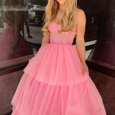 Cute pink tiered tulle a-line long prom dresses,pd231192