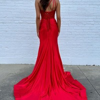 Mermaid Red One Shoulder Satin Long Prom Dresses with Slit,PD231193 - Thumbnail 1