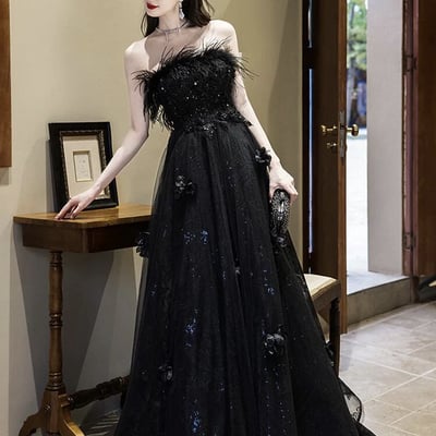 Black strapless tulle sequins long prom party dress - Thumbnail 1