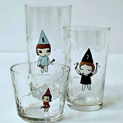 Glass cup set by yoshitomo nara "123 drumming girls" 