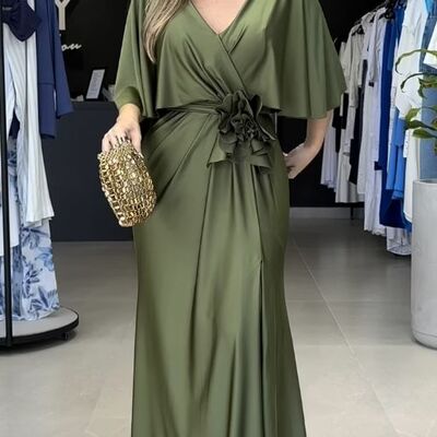 Elegant sheath green v-neck satin mother of bride groom dress