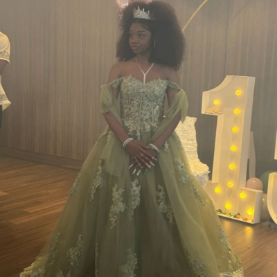 Princess off the shoulder a line green tulle lace prom dresses