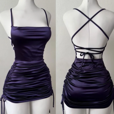 Spaghetti straps purple short homecoming dresses