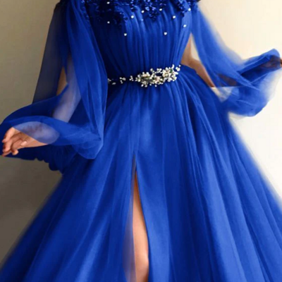 Elegant off-the-shoulder long sleeves royal blue evening dresses with beads