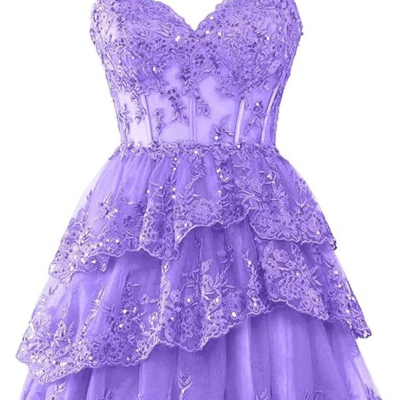 Short purple tulle lace applique homecoming dresses for teens 