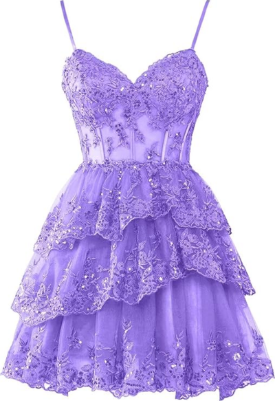 Short Purple Tulle Lace Applique Homecoming Dresses for Teens 