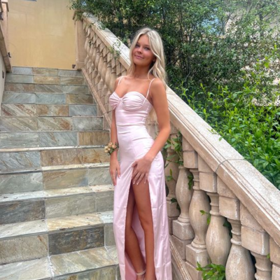 Spaghetti straps floor length split pink prom dresses