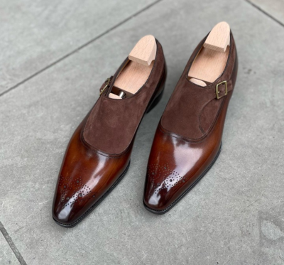 Handmade Men Brown Suede Leather Monk Strap Dress Shoes