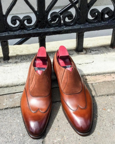 Handmade Men Brown Suede Leather Wingtip Dress Shoes