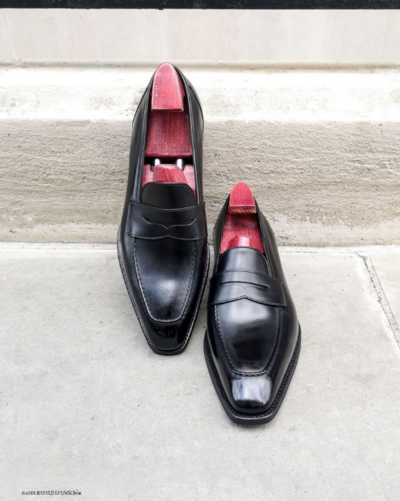 Handmade Men Black Calf Leather Moccasin Loafers Dress Shoes