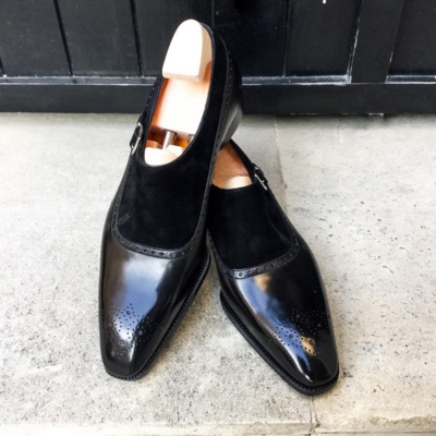 Handmade Men Black Calf and Black Suede Leather Monk Strap Dress Shoes