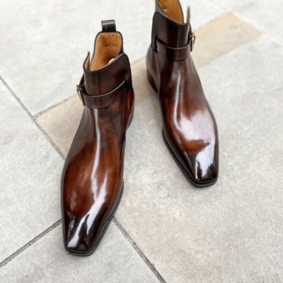 Handmade men brown patina leather jodhpur strap ankle high boot