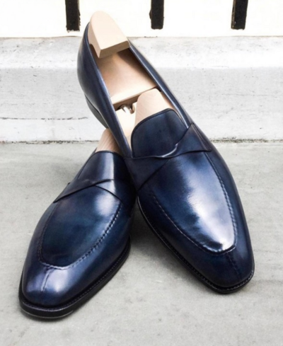 Handmade Men Blue Leather Moccasin Loafers Dress Shoes