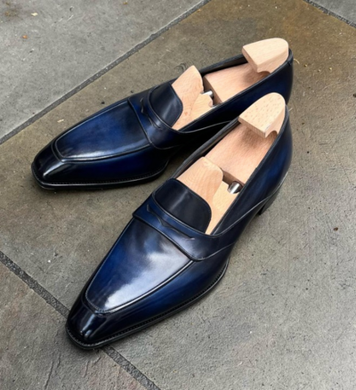 Handmade Men Blue Leather Moccasin Loafers Dress Shoes