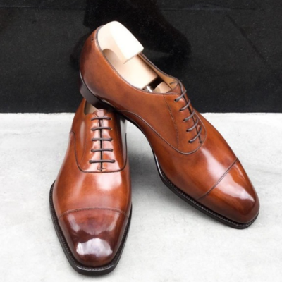 Handmade men brown calf leather oxford lace up dress shoes - Thumbnail 3