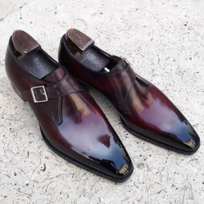 Handmade men burgundy patina leather monk strap dress shoes - Thumbnail 4