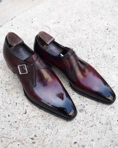 Handmade Men Burgundy Patina Leather Monk Strap Dress Shoes