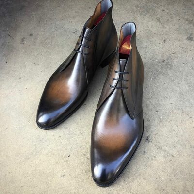 Handmade black tan patina leather chukka boot