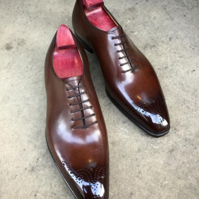 Handmade men brown patina leather oxford dress shoes - Thumbnail 3